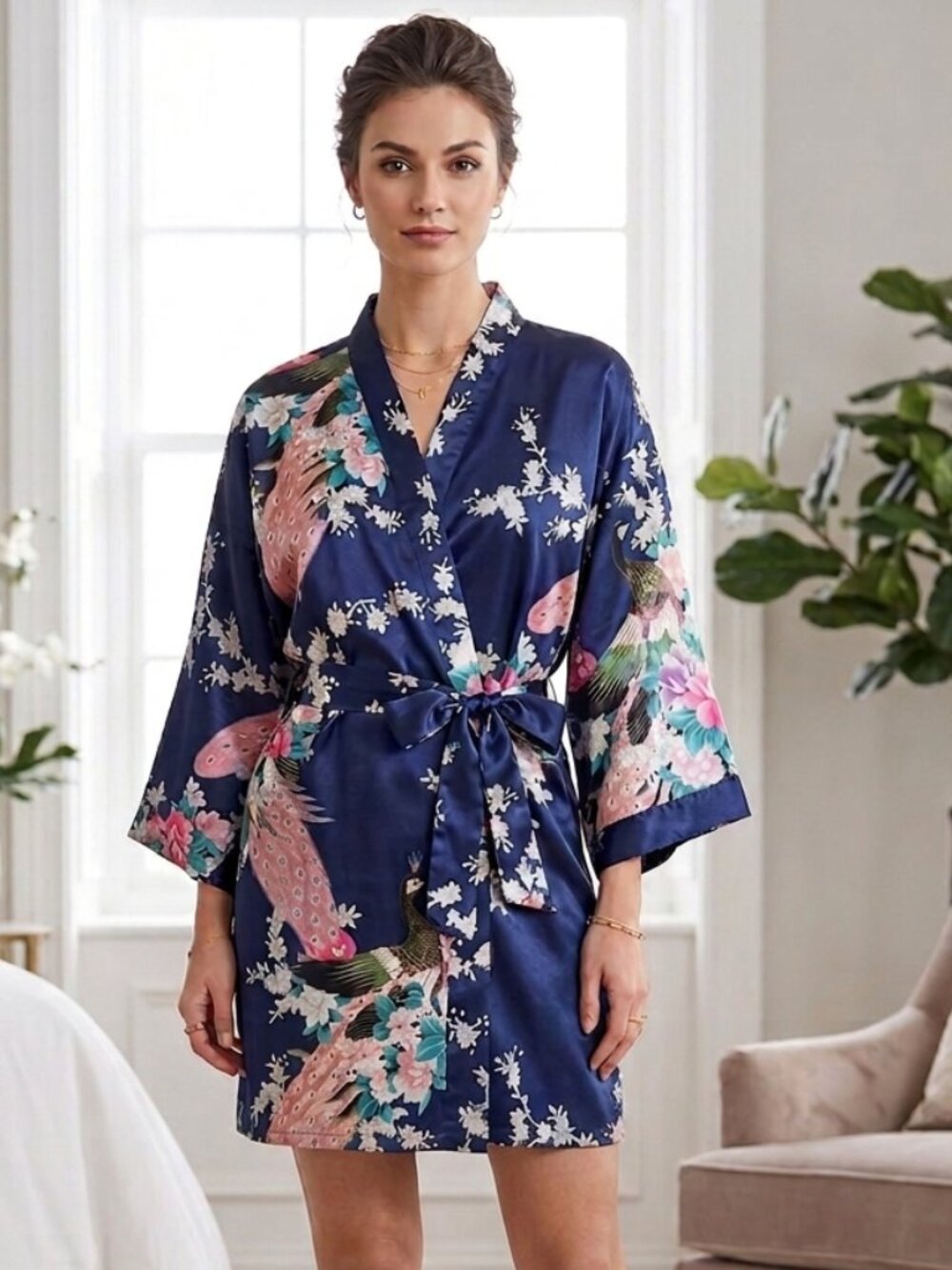 Vibrant Peacock Floral Silky Kimono Robe / Coverup